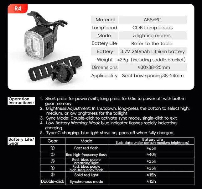 ROCKBROS BicycleTaillight Smart Brake Sensing Day/Night Sensing Waterproof Type-C Cycling Taillight Bike Accessories R Series