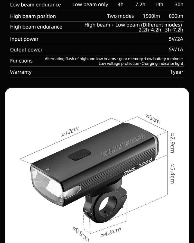 ROCKBROS 3000LM Bike Light Type-C Charging Front Lamp 10000mAh Bicycle Light IPX6 Aluminum Alloy Headlight Bike Accessories