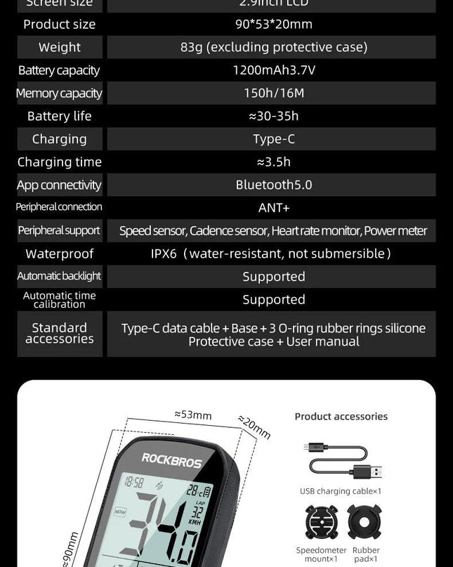 ROCKBROS  Bicycle Computer GPS 5.0 ANT Bluetooth Waterproof Wireless Cyclocomputer Speedometer Bike Stopwatch Bike Accessories
