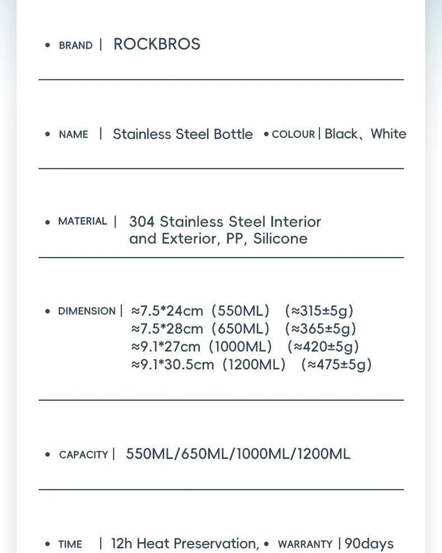 ROCKBROS 1L Thermal Water Bottle Sports Water Bottle Non Slip 304 Stainless Steel Cold And Hot Thermo Cup Cycling Hiking Equip