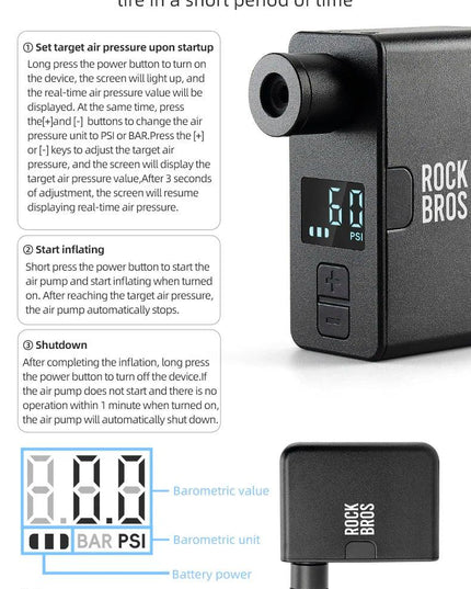 ROCKBROS Bike Air Pump Portable Mini Electric Air Compressor Treasure Type-C With LED Indicator Light Road MTB Accessories