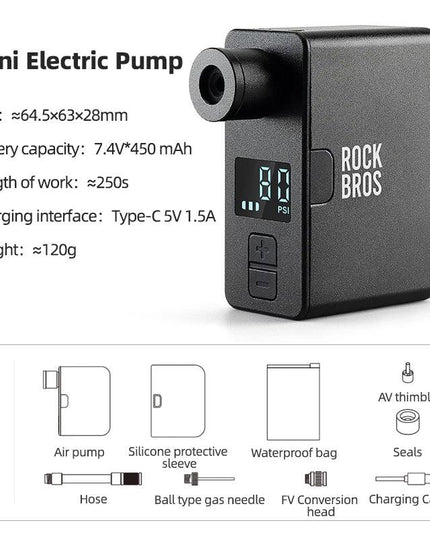 ROCKBROS Bike Air Pump Portable Mini Electric Air Compressor Treasure Type-C With LED Indicator Light Road MTB Accessories