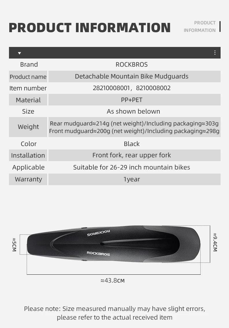 ROCKBROS Mountain Bike Mudguard Widen Quick Release 26-29 Inch Durable lnnovative Installation Fender Bicycle Accessaries