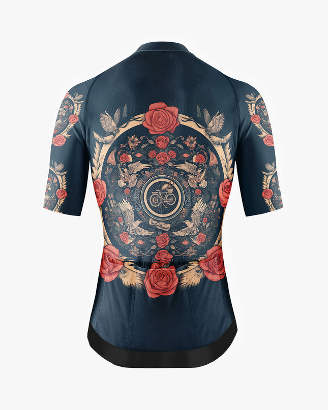 Men’s Blue-Black Gothic Cycling Jersey with Rose