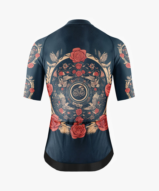 Men’s Blue-Black Gothic Cycling Jersey with Rose