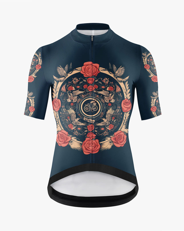 Men’s Blue-Black Gothic Cycling Jersey with Rose