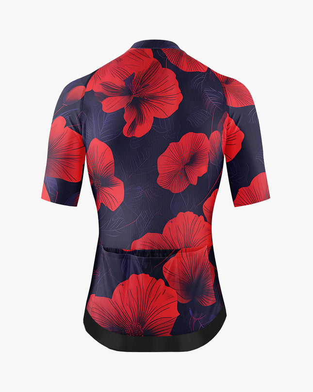 Men’s Black Cycling Jersey with Red Hibiscus Print