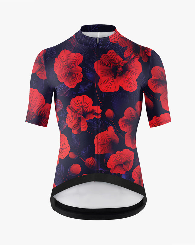 Men’s Black Cycling Jersey with Red Hibiscus Print