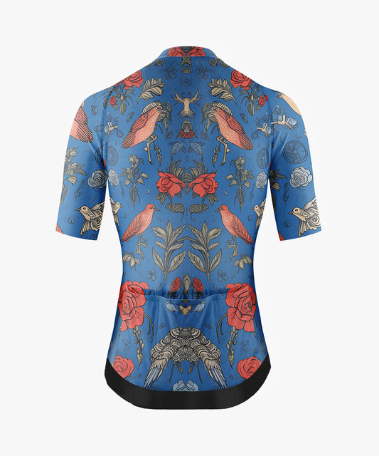 Men’s Blue Cycling Jersey with Red Bird Print