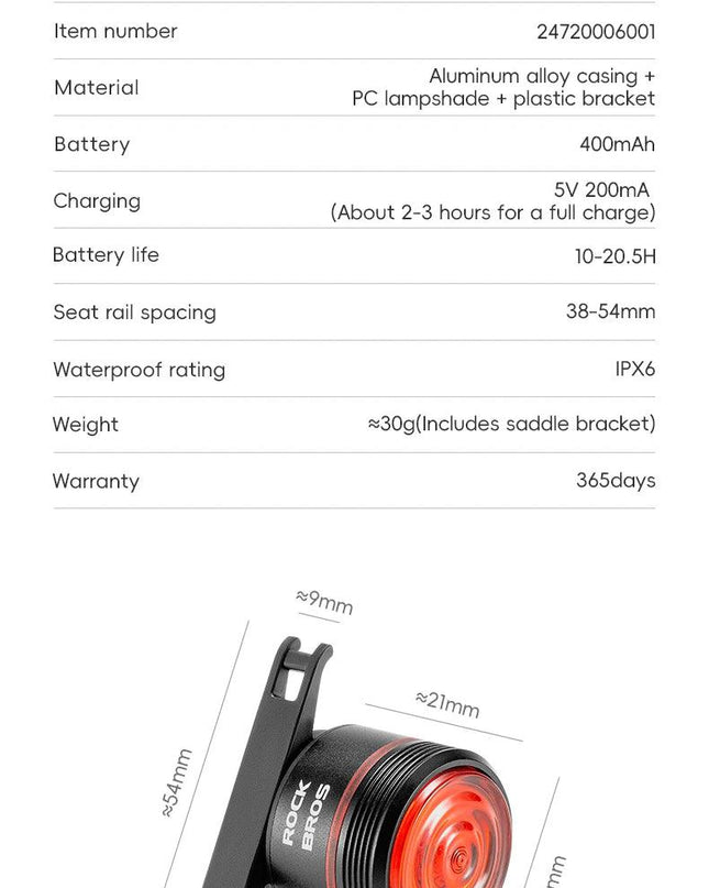 ROCKBROS Bicycle Tail Light Smart Auto Brake Sensing Light Waterproof Rear Touch-sensitive Cycling Taillight Vibration Wake-up