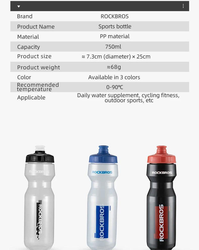 ROCKBROS Water Bottle 750ml Cycling Water Drink Bottle Outdoor Sports Travel Leisure Portable Kettle Water Bottle Drinkware