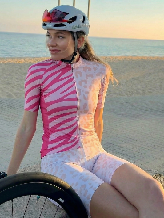 ROCKBROS Women's Pink Mirage All-Weather Asymmetrical Animal-Print Jersey