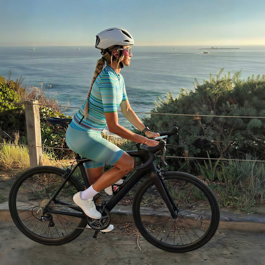 Woman Wearing Aqua Velocity Linear Motion Pro Aero Jersey Tailored with Stretch Fit for Race-Inspired Silhouette