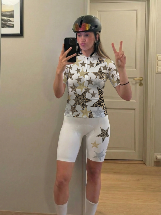 Woman Wearing Gilded Nebula All-Weather Multi-Element Pro Aero Jersey Built for Road Cycling and Long Training Rides