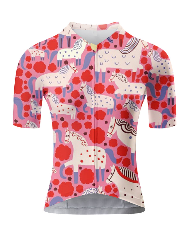 ROCKBROS Women's Whimsical Carousel Horse Pink Short Sleeve Cycling Jersey