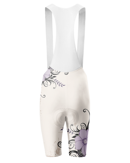 ROCKBROS Women's Ivory Base Lavender Swirl Floral White Strap Cycling Bib Shorts