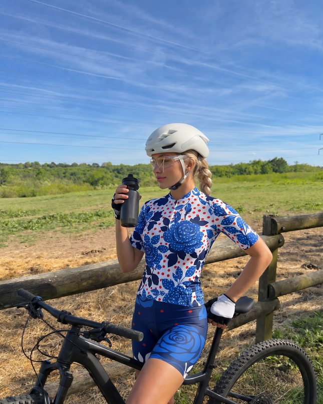 ROCKBROS Women's Blue Rose Polka Dot Cycling Bib Shorts