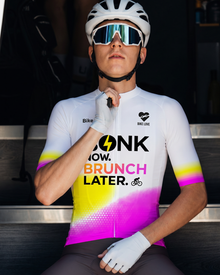 ROCKBROS Men's Yellow Pink Gradient Bike Slogan Cycling Jersey