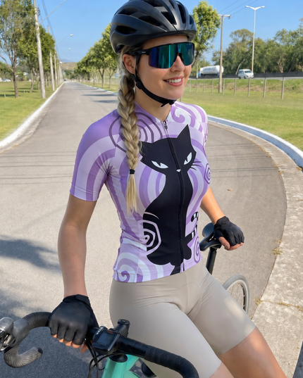 ROCKBROS Women's Purple Spiral Background Cartoon Black Cat Short Sleeve Cycling Jersey