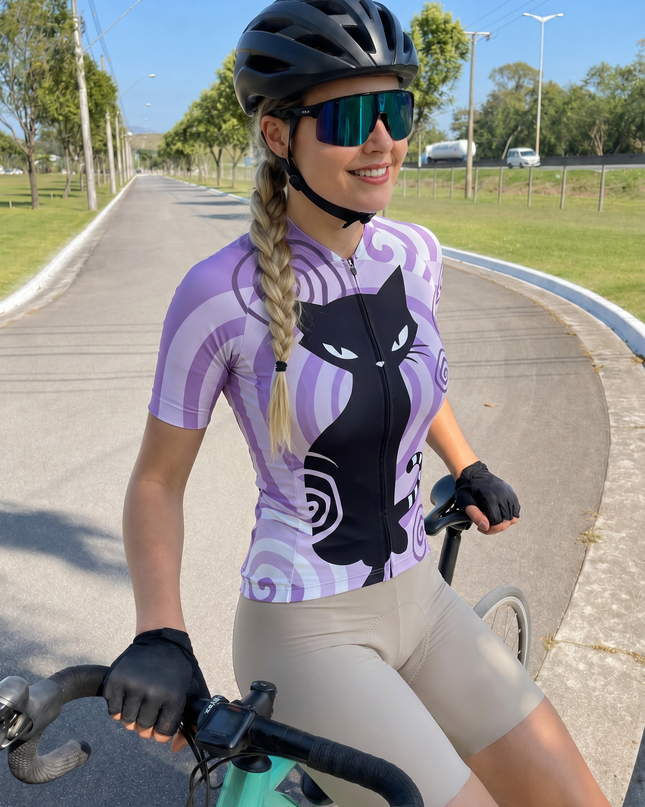 ROCKBROS Women's Purple Spiral Background Cartoon Black Cat Short Sleeve Cycling Jersey