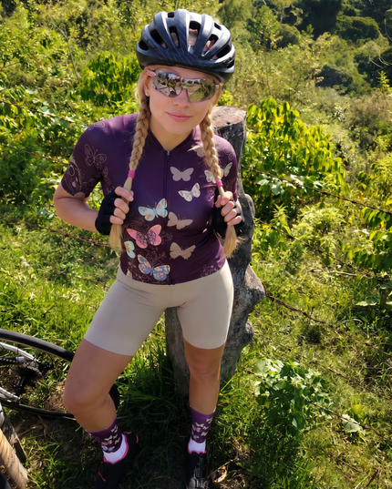 ROCKBROS Dark Plum Vintage Floral Patch Butterfly Mid-Calf Cycling Socks