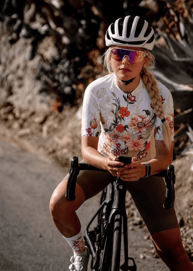 ROCKBROS Women's White Beige Split Watercolor Mixed Floral Short Sleeve Cycling Jersey