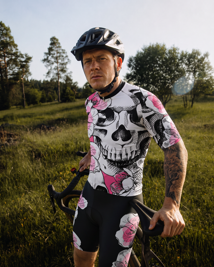 ROCKBROS Men's Black Base Pink Cherry Blossom White Rib Strap Cycling Bib Shorts