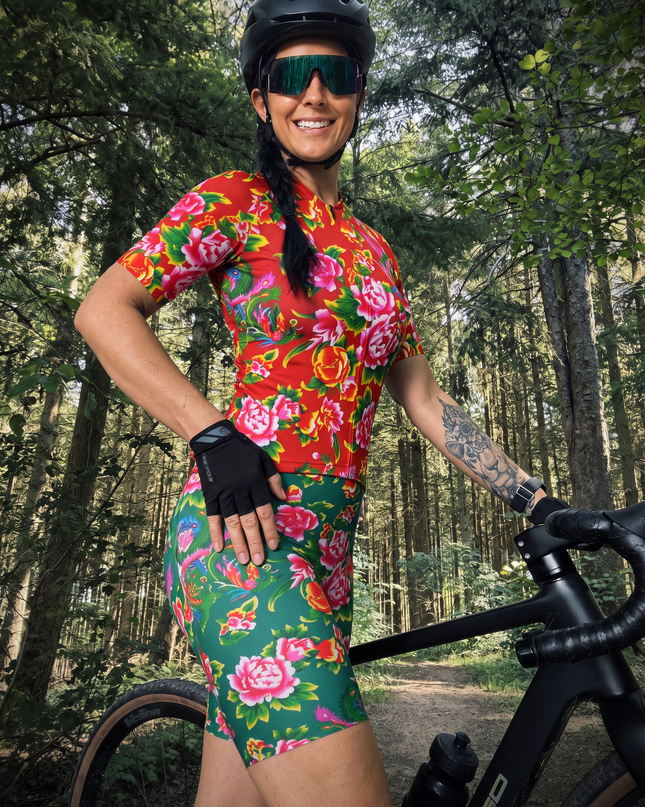 ROCKBROS Women's Emerald Peony Phoenix Padded Cycling Bib Shorts