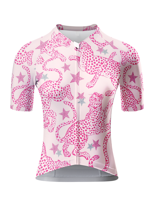 ROCKBROS Women's Pink Leopard & Star All-Over Printed Cycle Jersey