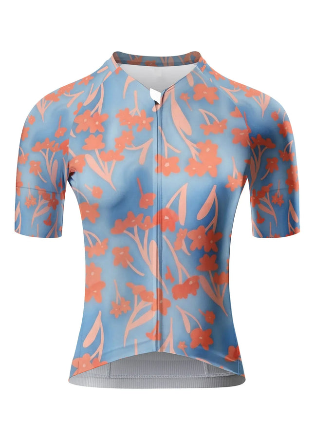ROCKBROS Women's Blue & Orange Floral Print Short Sleeve Cycling Jersey