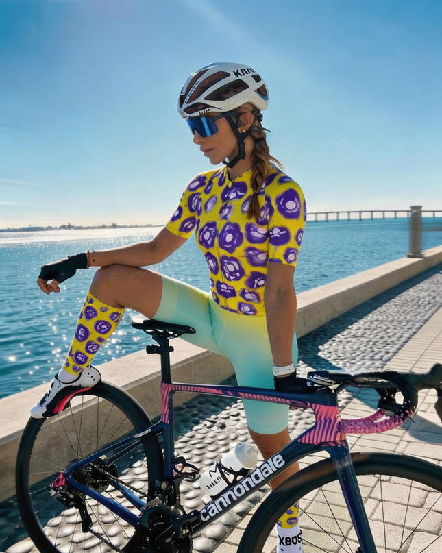 ROCKBROS Women's Yellow & Purple Abstract Floral Print Short Sleeve Cycling Set