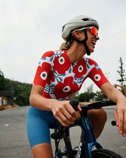 ROCKBROS Women's Red Poppy Floral Print Short Sleeve Cycling Jersey