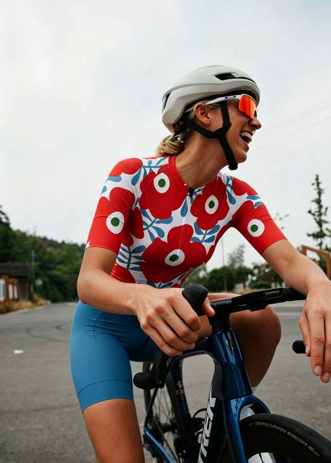 ROCKBROS Women's Red Poppy Floral Print Short Sleeve Cycling Jersey