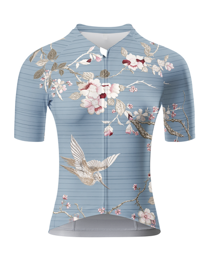 ROCKBROS Women's Blue Striped Bird & Blossom Floral Short Sleeve Cycling Jersey
