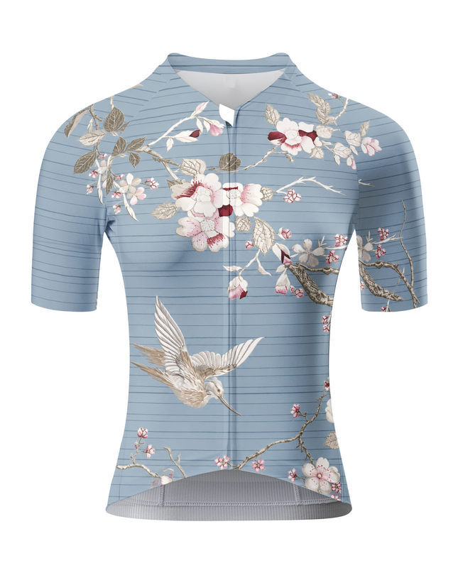 ROCKBROS Women's Blue Striped Bird & Blossom Floral Short Sleeve Cycling Jersey