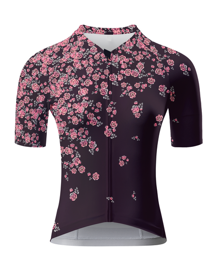 ROCKBROS Women's Dark Plum Scattered Pink Rose Floral Short Sleeve Cycling Jersey
