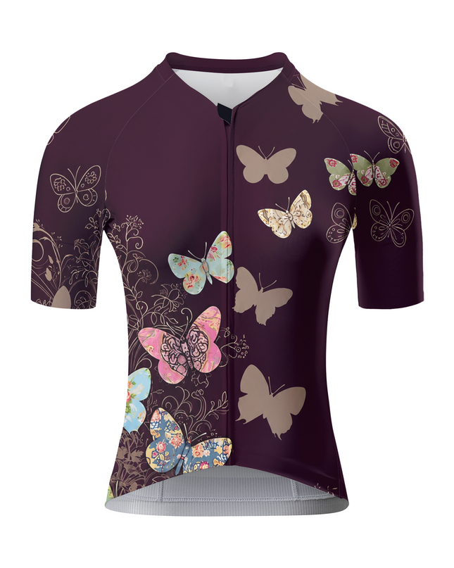 ROCKBROS Women's Dark Plum Vintage Patchwork Butterfly Floral Short Sleeve Cycling Jersey