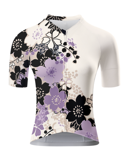 ROCKBROS Women's Off White Black Purple Cherry Blossom Asymmetric Short Sleeve Cycling Jersey