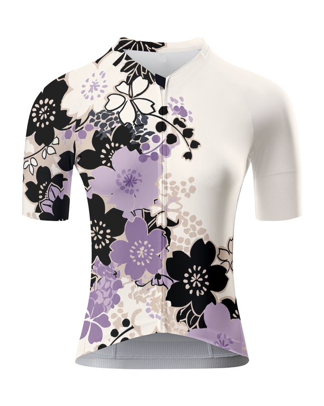 ROCKBROS Women's Off White Black Purple Cherry Blossom Asymmetric Short Sleeve Cycling Jersey