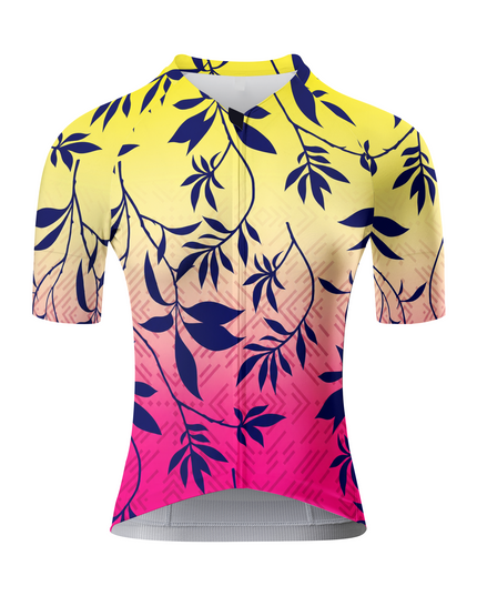 ROCKBROS Women's Yellow Pink Ombre Navy Leaf Vine Short Sleeve Cycling Jersey
