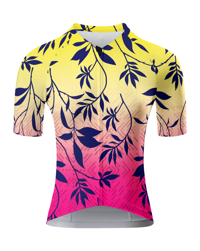 ROCKBROS Women's Yellow Pink Ombre Navy Leaf Vine Short Sleeve Cycling Jersey