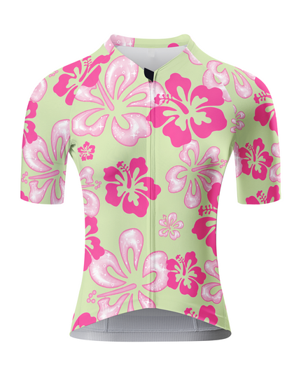 ROCKBROS Women's Light Green Pink Hibiscus Full Print Short Sleeve Cycling Jersey