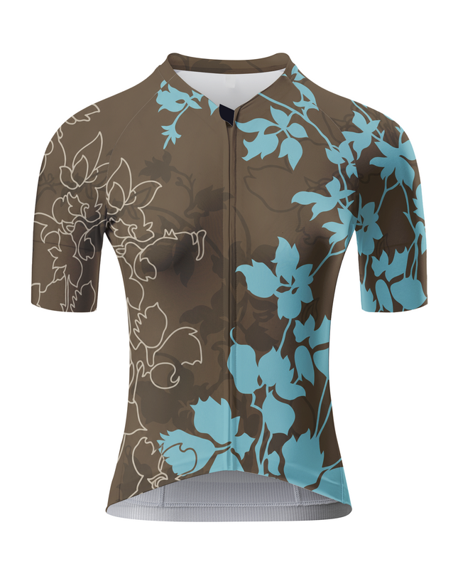 ROCKBROS Women's Coffee Brown Contrast Cyan Vine Leaf Asymmetric Short Sleeve Cycling Jersey