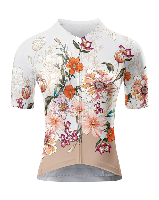 ROCKBROS Women's White Beige Split Watercolor Mixed Floral Short Sleeve Cycling Jersey