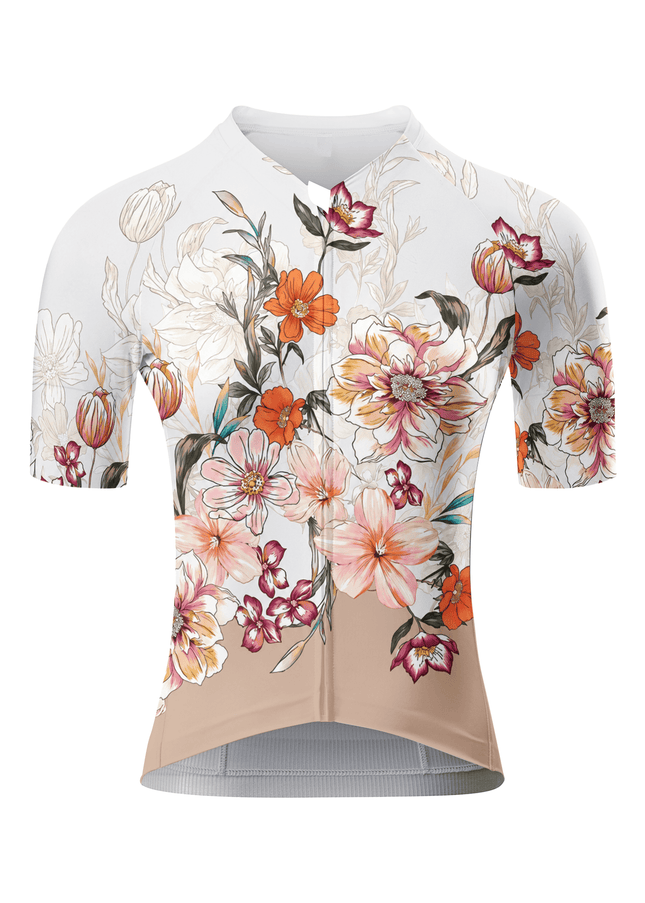 ROCKBROS Women's White Beige Split Watercolor Mixed Floral Short Sleeve Cycling Jersey