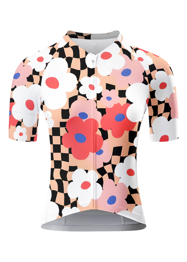 ROCKBROS Women's Retro Psychedelic Floral & Checkerboard Aero Cycling Jersey