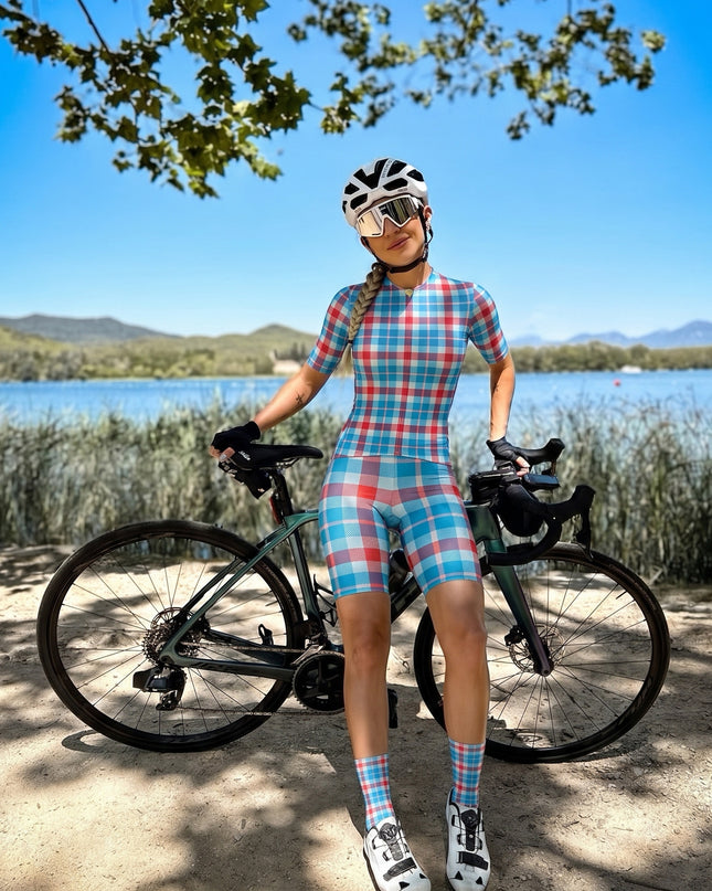 ROCKBROS Women's Crimson Azure Plaid Cycling Shorts