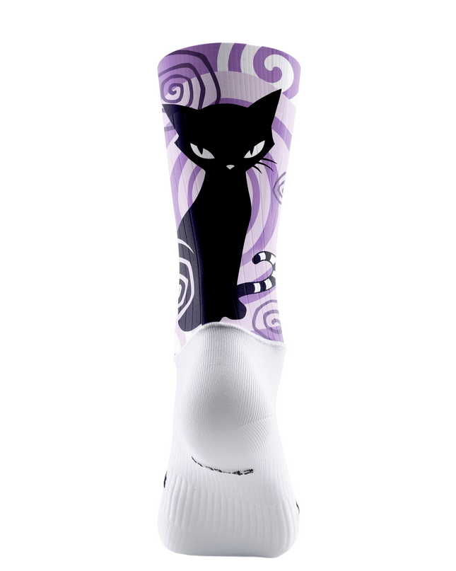 ROCKBROS Pastel Purple Spiral Black Cat Silhouette Mid-Calf Cycling Socks