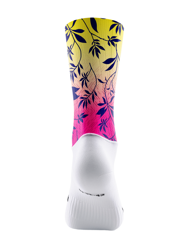 ROCKBROS Yellow Pink Gradient Dark Blue Leaf Vine Mid-Calf Cycling Socks