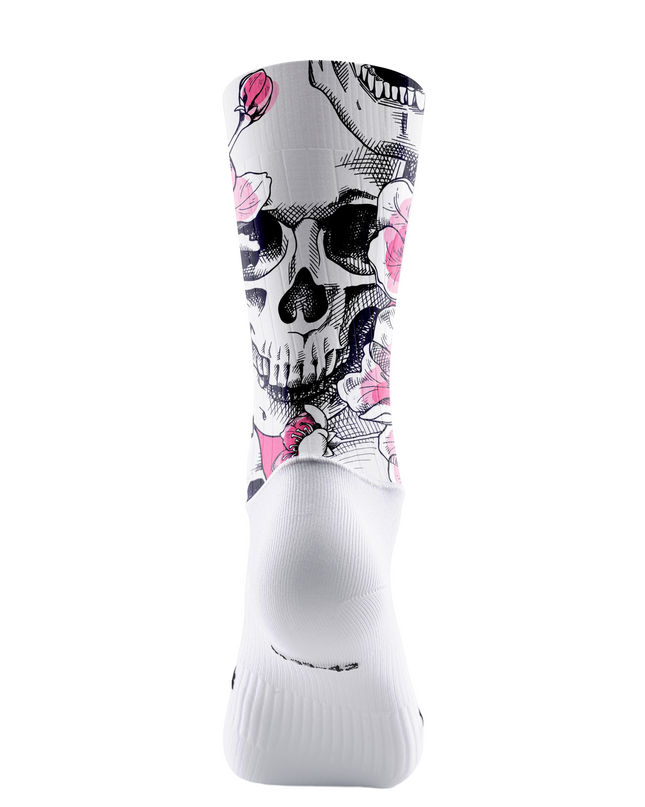 ROCKBROS White Base Pink Cherry Blossom Skull Tattoo Mid-Calf Cycling Socks